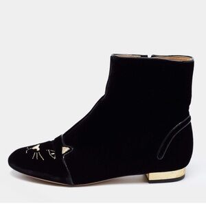 Charlotte Olympia Black Velvet Ankle Boots with Gold Cat Accent